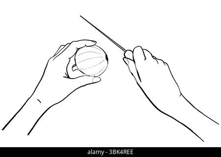 Human hands cutting onion with knife. Line vector illustration. Cooking gestures, food outline drawing for culinary class design etc. Stock Vector