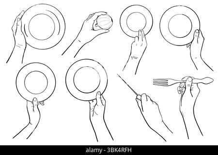 Cooking chef hands setting table and preparing dinner isolated on white background. Human hands holding kitchen utensils. Plate, fork, salt, cookies, Stock Vector