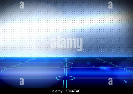 Futuristic neon grid floor and metallic dimpled wall are glowing on digital stage in 3D render Stock Photo