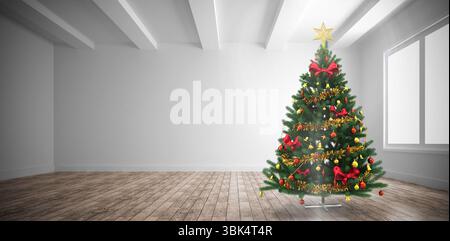 Flat design Christmas tree with red bows, gold baubles is standing next to window, copy space Stock Photo