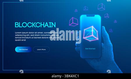 Blockchain 3D block on smartphone digital neon background. Chain data app crypto cube mobile fintech technology. Software economy concept bitcoin Stock Vector