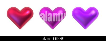 Set of three 3D metallic hearts in red, magenta, and purple, isolated on a white background. Glossy and reflective heart symbols representing love Stock Vector