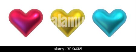 Shiny metallic hearts in red, gold, and blue isolated on a white background. Three glossy heart-shaped objects with a reflective surface. Vibrant 3D Stock Vector
