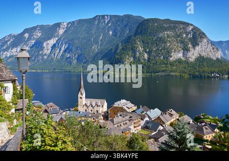 Village view, view from above of Hallstatt with church and Lake ...