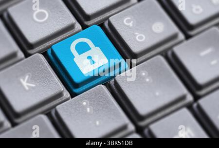 Computer data and online digital security concept with a padlock icon and symbol on a blue pc key close-up view. Stock Photo