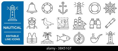 Marine and Seafaring Editable Stroke Line Icon Set. Nautical Adventures and Maritime Exploration. Ancient Sail Ship, Captain, Anchor, lighthouse, Bino Stock Vector