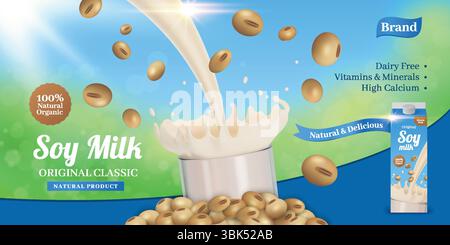 Soya milk. Bean drink splash. Advertising banner design template. Healthy grain soymilk pour into glass. Liquid flow splashing. Nature morning nutrition. Vegan snack with protein. Vector background Stock Vector