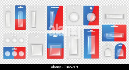Plastic blister. Transparent box pack hang. Empty bag from cardboard or 3D pvc clamshell product. Clear insert case container mockup. Individual holder with transparent display. Vector objects set Stock Vector
