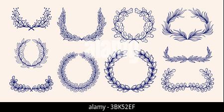 Floral design elements. Hipster vintage crown, hand drawn laurel wreath or nature leaves garland. Botanical branches round frames. Card or poster design elements. Foliage bouquet vector trendy pattern Stock Vector