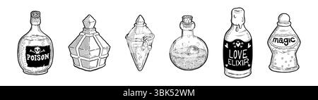 Poison bottle set. Magic vintage potion, alchemy love hand drawn jar or alchemist, chemistry science vial. Flasks different forms. Love elixir. Vector cartoon art isolated sketch magical elements Stock Vector