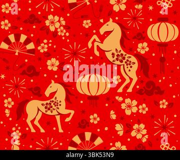 Seamless pattern happy chinese new year 2026 the horse zodiac sign with asian elements paper cut style on color background. Stock Vector