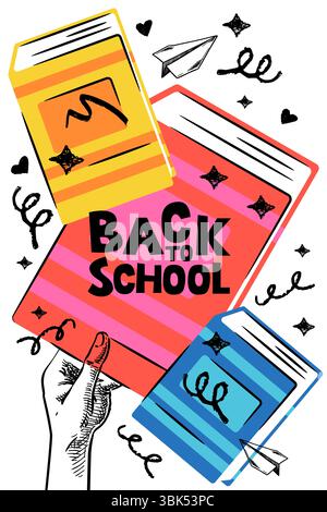Kid hand holding red book. Vector hand drawn sketch simple style modern illustration of colorful books. Back to school banner or poster design templat Stock Vector