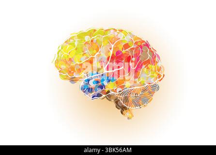 The outline of a human brain filled with brightly colored particles symbolizes full brain function, mental health and happiness. Stock Vector