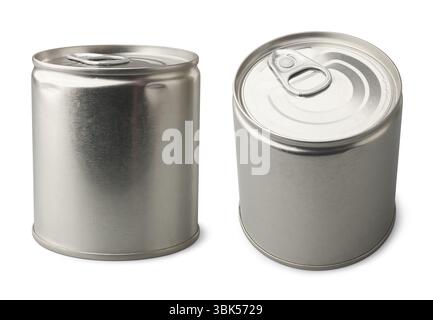 set of metallic silver cylindrical tin cans isolated white background, steel canister of food packaging mock-up template in different angles Stock Photo