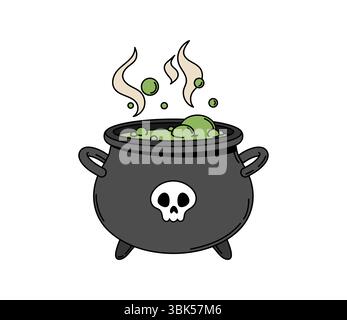 Cartoon groovy Halloween witch cauldron with green brew and skull symbol. Isolated vector mystical pot brimming with bubbling liquid concoction, emitting an eerie otherworldly mystic glowing haze Stock Vector