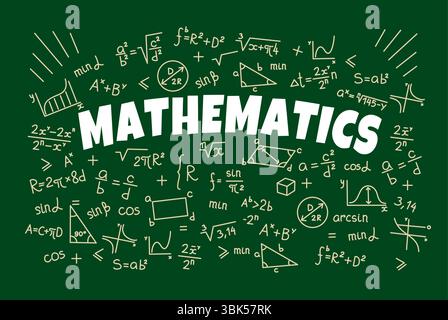 Math symbols and formulas on school board background, vector education. Mathematics science with sketch chalk algebra equations, geometry shapes, theorems and trigonometry graphs Stock Vector