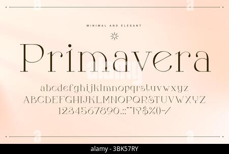 Minimal elegant font, glamor type, luxury typeface, royal english alphabet. Elegant alphabet numeral and punctuation symbols, minimal font typeset vector letters and digits or ABC figures and numbers Stock Vector