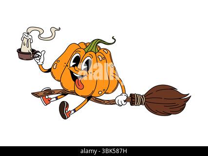 Cartoon groovy pumpkin Halloween character riding a witch broomstick, holding melting candle in one hand. Isolated vector playful y2k retro gourd personage has a mischievous grin and vintage sneakers Stock Vector