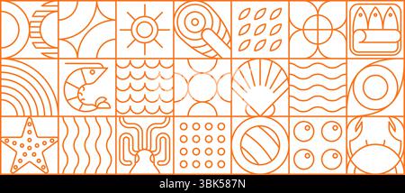 Seafood food in modern line geometric pattern or mosaic tile, vector background. Seafood pattern in thin line geometry with shrimp or salmon, crab and oyster, sardines and caviar in geometric outline Stock Vector