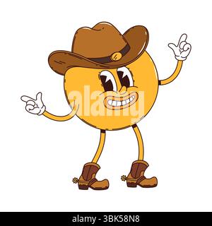 Groovy western wild west cowboy yellow smile cartoon character with lively finger gun gestures. Vector emoji retro hippie personage with happy smiling face emotions, rancher hat, gloves and boots Stock Vector