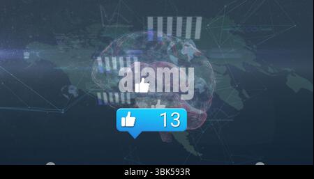 Displaying notification bubble showing thirteen likes floating over map screen, with brain hologram Stock Photo