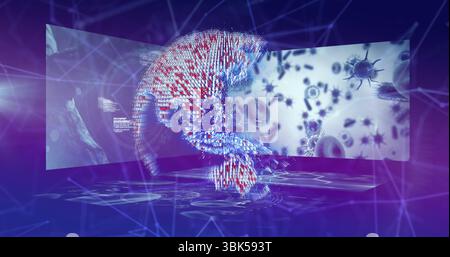Floating binary globe in studio showing holographic platform, network mesh, cell and virus visuals Stock Photo