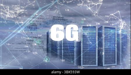 Displaying row of server racks glowing blue in digital sky with 6G overlay and network overlays Stock Photo