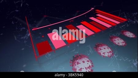 Displaying 3D bar chart rising in network mesh space, with pink arrow, data points, virus particles Stock Photo