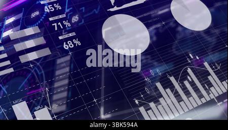 Displaying overlay on dark blur, showing bar line and pie placeholders with % labels Stock Photo