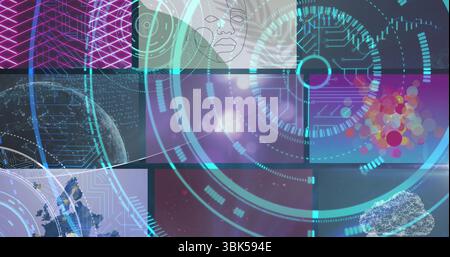 Displaying central holographic interface rotating data rings in virtual dashboard, with neon mesh Stock Photo