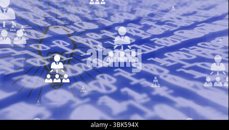Displaying central user icon radiating hierarchy links on digital interface, with code backdrop Stock Photo