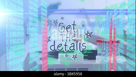 Displaying stylized doodled text over research bench, mixing sample racks, cables and code streams Stock Photo