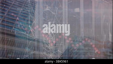 Displaying wireframe head hovering over office windows, with chart lines and glowing nodes Stock Photo