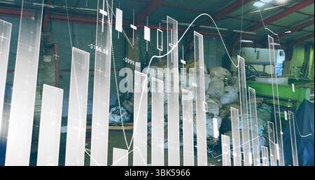 Displaying translucent financial charts overlaying warehouse with metal beams, stacked white sacks Stock Photo
