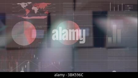 Displaying data visualizations overlaying modern office, featuring world map, charts and graphs Stock Photo