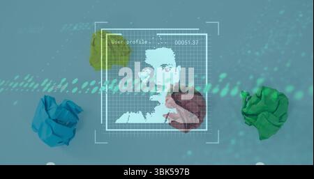 Displaying grid overlay showing silhouette and ID on turquoise backdrop with data dots, paper balls Stock Photo