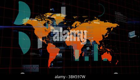 Digital world map graphic floating in virtual interface, with red grid and data visualizations Stock Photo