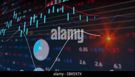 Digital trading displaying on PC screen, with candlestick line pie graphs, numbers and orange flare Stock Photo