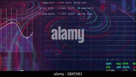 Displaying dashboard on terminal, featuring ticker symbols, line charts and neon grid patterns Stock Photo