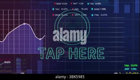 Displaying neon green TAP HERE label with ring overlay on touchscreen panel, with curved line chart Stock Photo