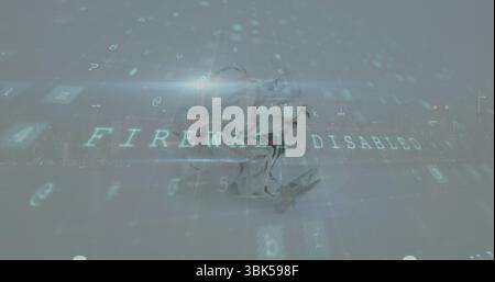 Displaying fractured metallic skull over blurred cityscape, showing teal code and FIREWALL DISABLED Stock Photo