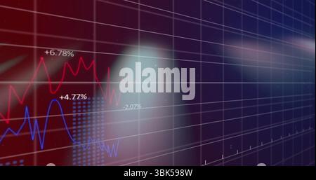 Showing chart with red or blue lines grid overlay on virtual trading interface, +6 Stock Photo
