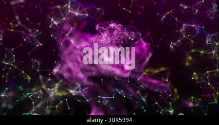 Swirling purple particle cloud drifting in dark space, with glowing nodes and thin connecting lines Stock Photo
