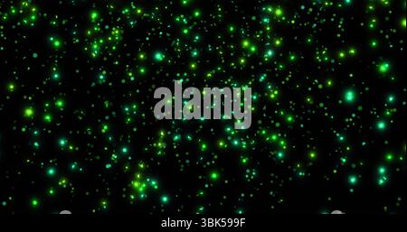 Scattering green and cyan luminescent particles across abstract digital void, showing light specks Stock Photo