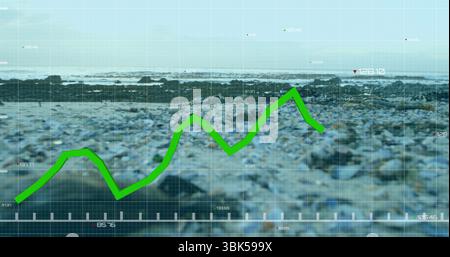 Displaying bright green line chart fluctuating data on rocky beach by sea, grid with ticks, labels Stock Photo