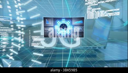 Displaying 5G network interface on desk in tech workspace, with monitor and floating code snippets Stock Photo