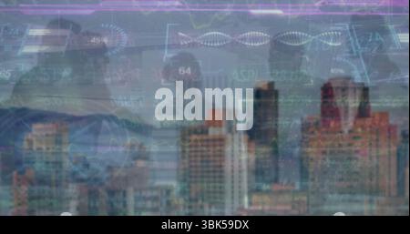 Merging city skyline layering line graphs and bar charts at dusk, with stylized helix pattern Stock Photo