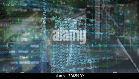Displaying translucent interface showing code over night street, with blurred lights and vehicles Stock Photo