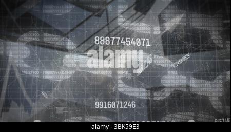 Floating numeric sequence '88877454071' hovering over corporate atrium with grid lines and nodes Stock Photo