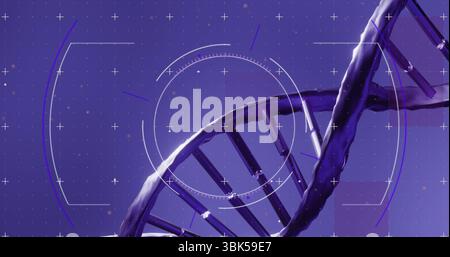 Displaying purple DNA double helix twisting in digital interface, with HUD and glowing particles Stock Photo
